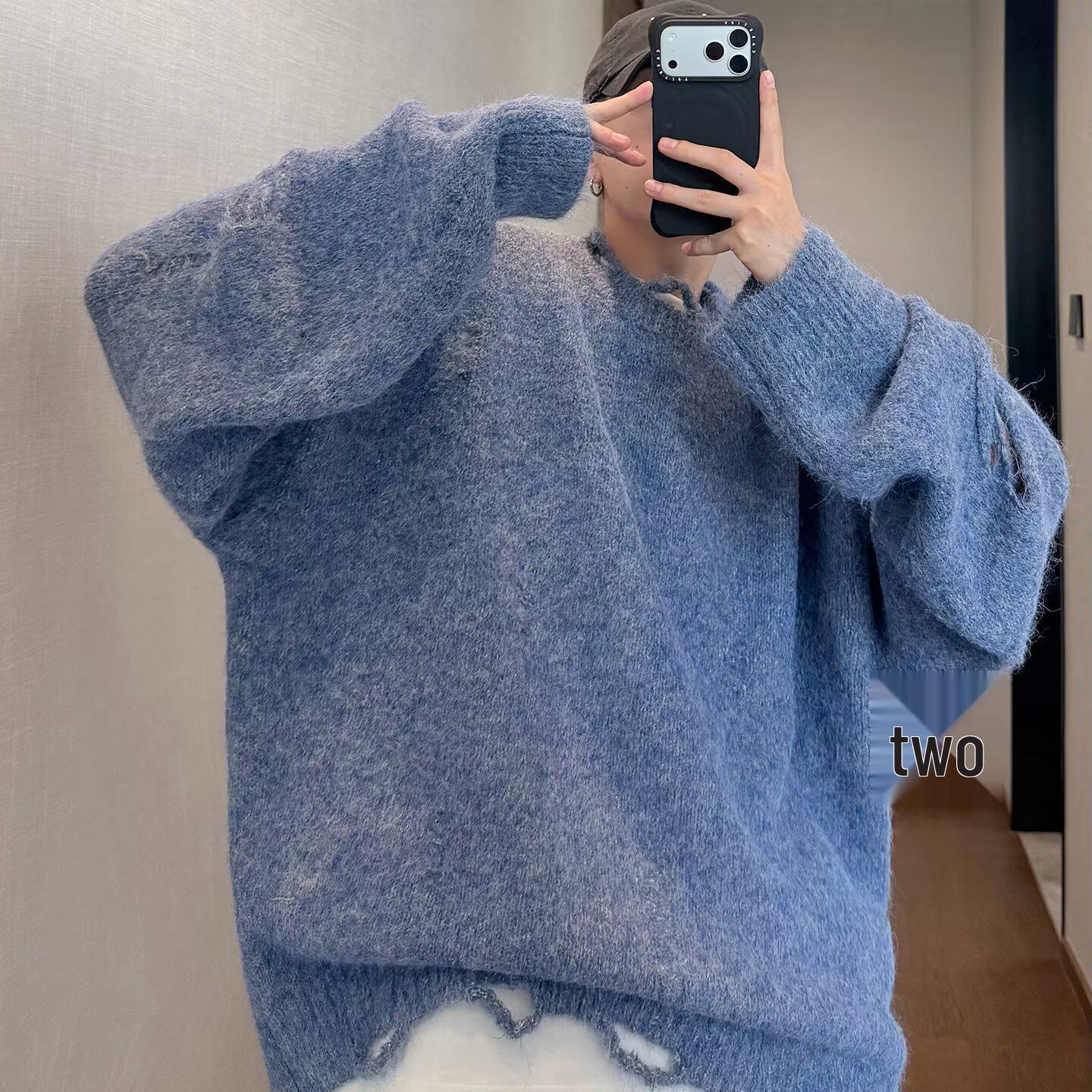 

Men’s Light Blue Round Neck Loose Knit Sweater - Versatile, Warm Casual Top for Autumn/Winter Medium синій