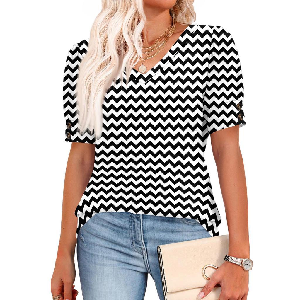 Womens Tops Short Sleeve Shirts Buttons V Neck  Fashion Outfits  Blouses  Casual