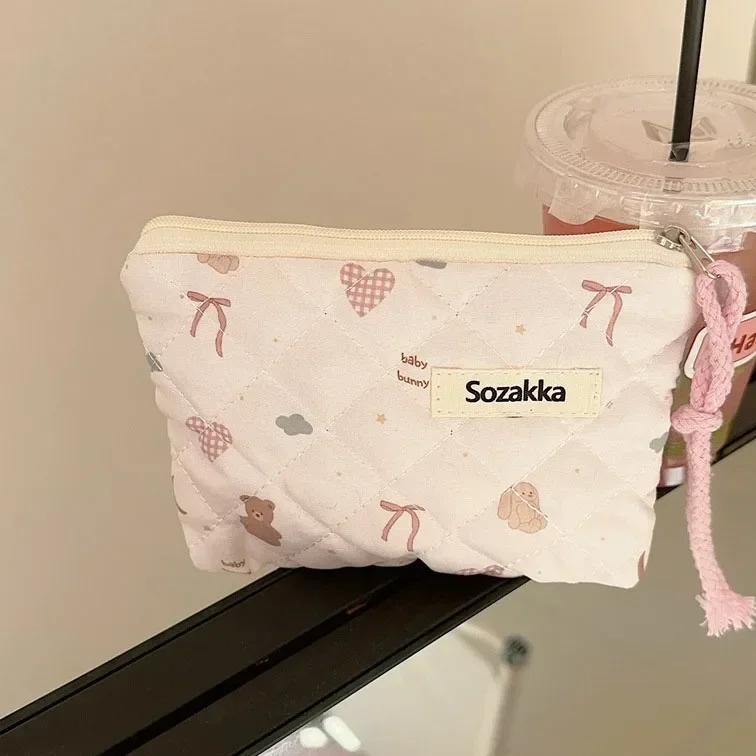 Soft Cotton Flower Pattern Makeup Bag Zipper Storage Lipstick Bows Bag Cosmetic Toiletry Wash Pouch Multifunctional Coin Wallet