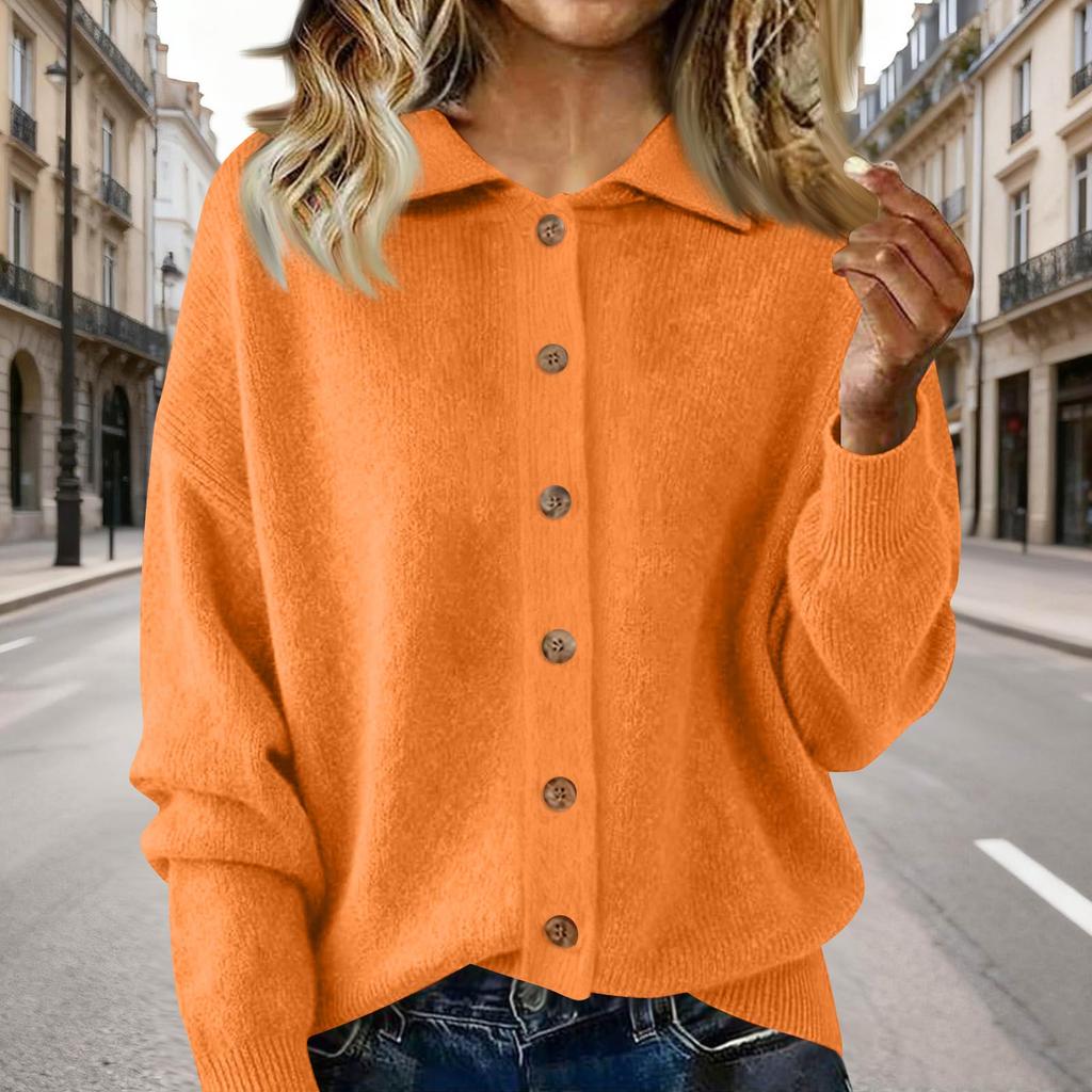 Women's Fashion Casual Solid-Colour Long-Sleeved Button-Front Knitted Collared Cardigan