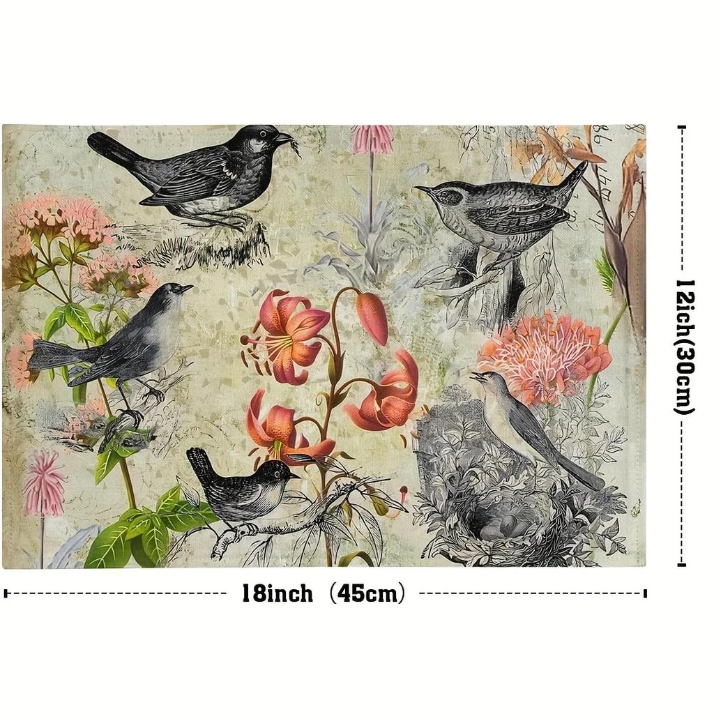 4PC Vintage Birds Table Mat Floral Botanical Placemats Kitchen Accessories for Dinner Party Enhancement