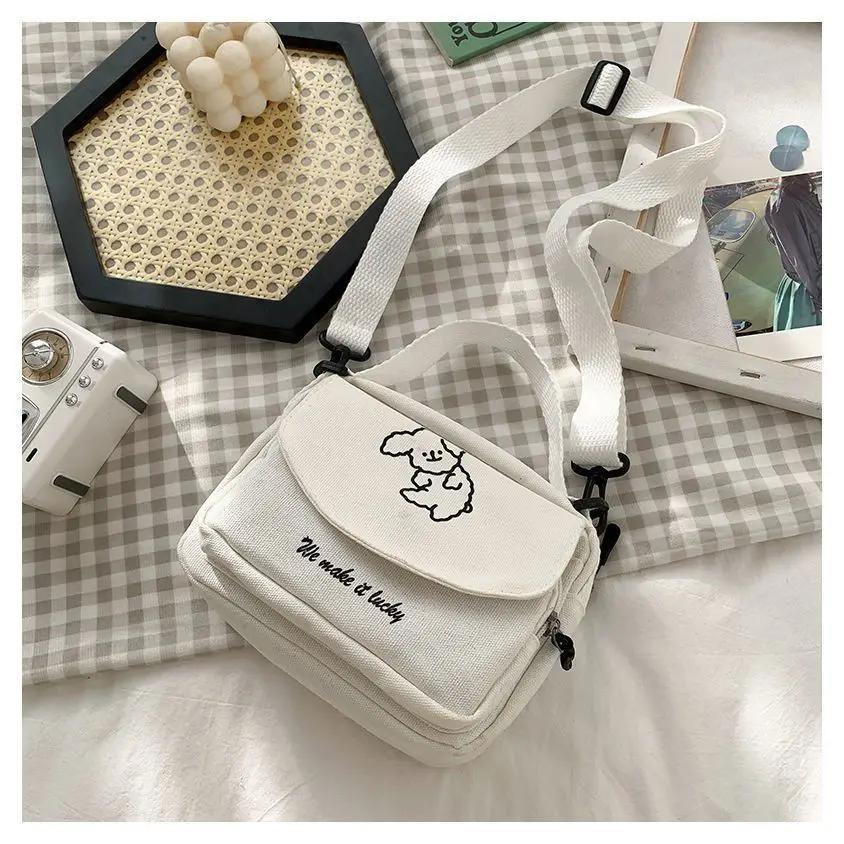 

Холщовые женские сумки через плечо, маленькая сумка-мессенджер с принтом мультяшной собаки, модная повседневная сумка для девушек-студенток, кошелек на молнии