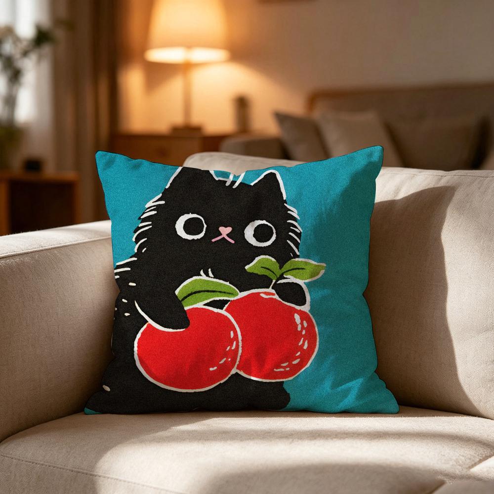 Hand Drawn Cartoon Happy Cat Pillow Case Cushion Cover Soft Washable Pillow Case Multi-Scene For Couch Bed Travel Office Use