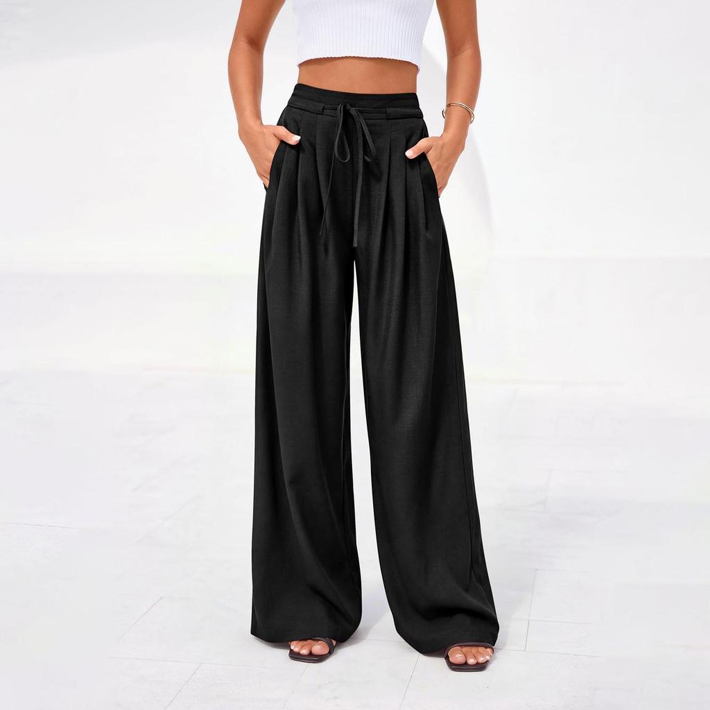 Women's Casual Pleated Wide Leg Pants with Pockets Elastic Waist Drawstring Loose Fit Trousers for Daily Wear