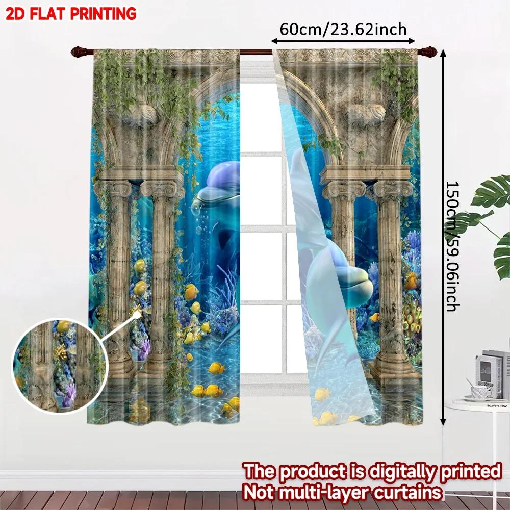 2pcs Dolphin Ocean Curtains  Printing   Underwater Scene with Coral Seaweed & Colorful Fish On Blue Background for Living Room