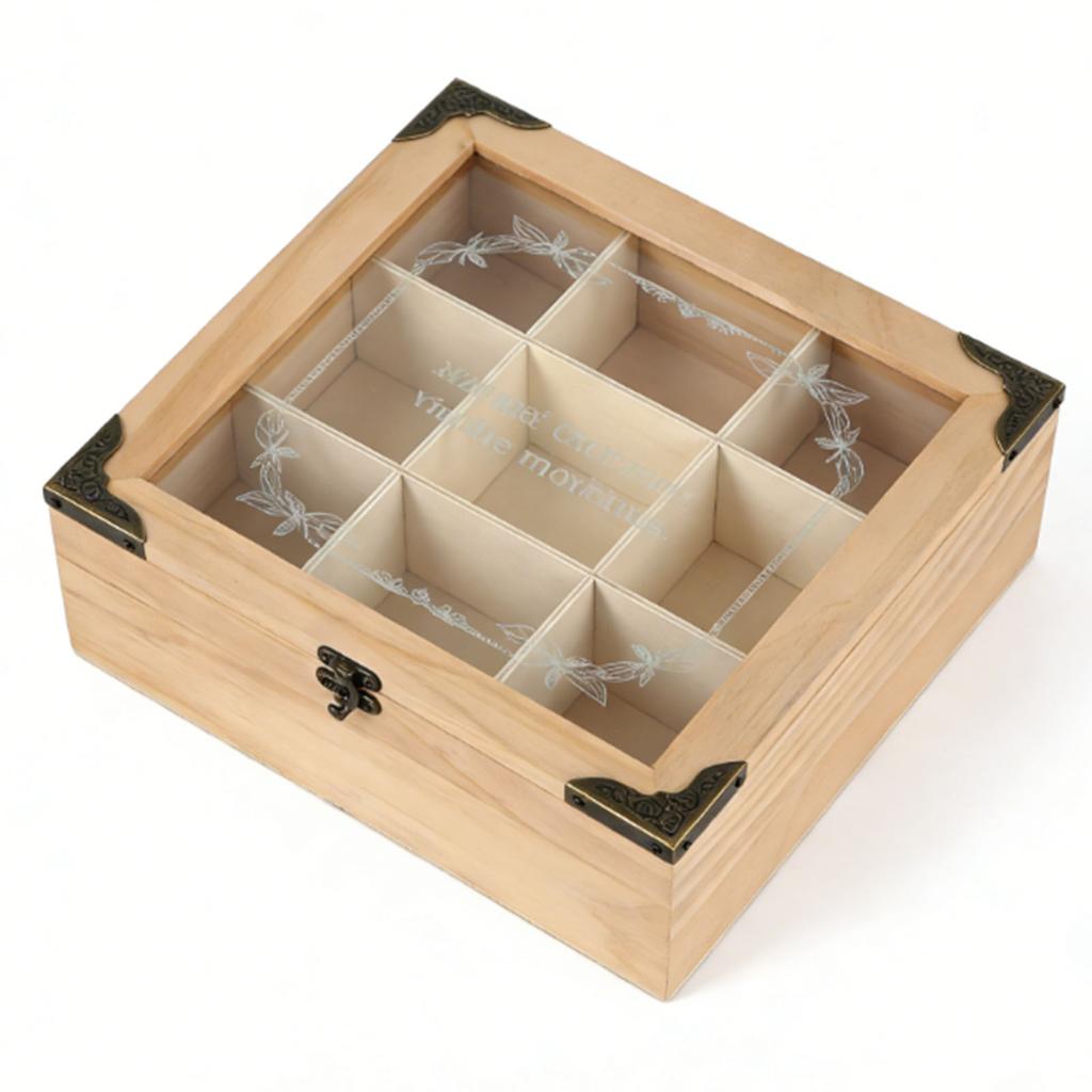 Wooden Tea Bag Organizer Box 9 Compartments Storage Teabag Holder Container with Transparent Lid for Countertop Tea