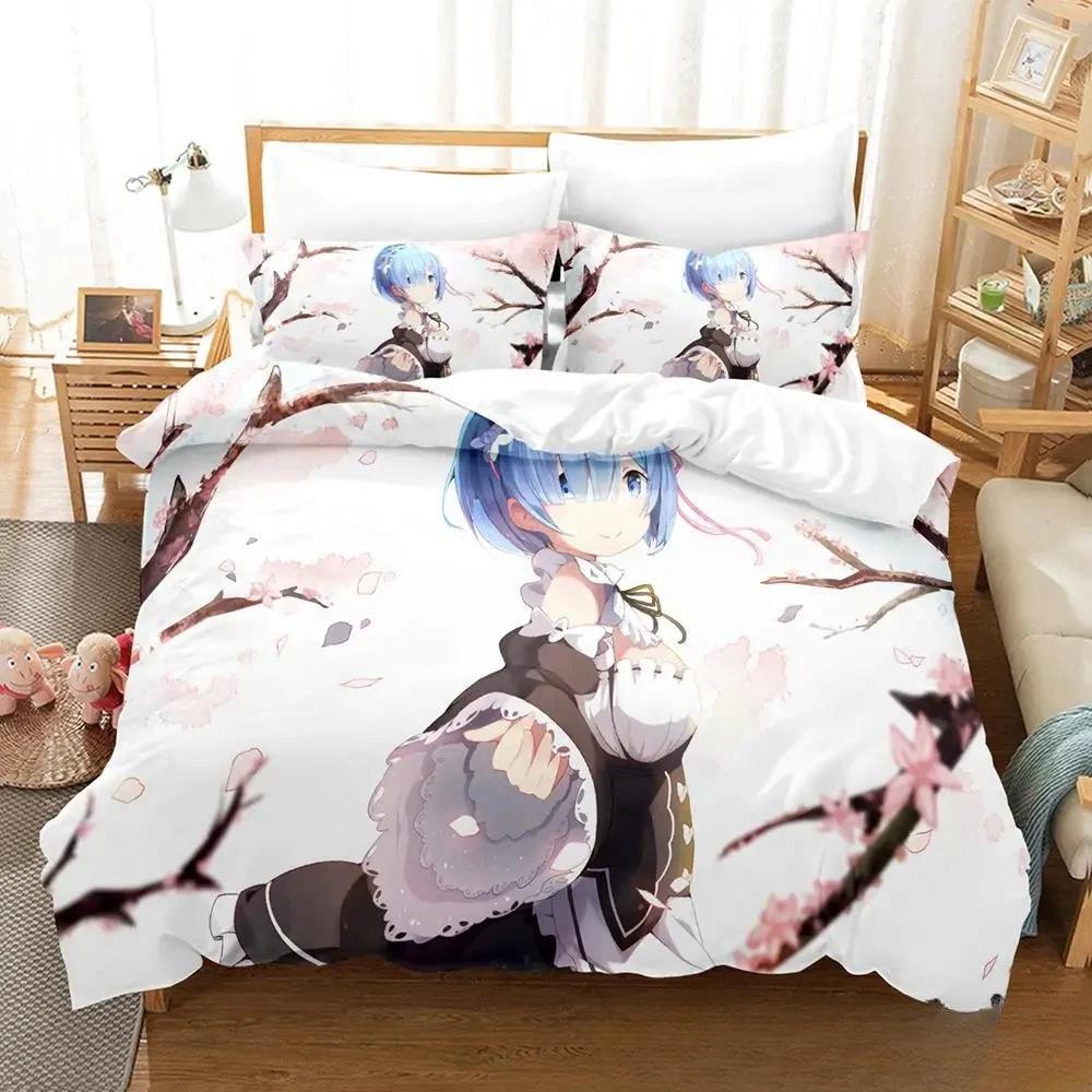 3D Print Anime Re Zero Rem Ram Emilia Bedding Set Duvetcover Bed Set Quilt Cover Pillowcase Comforter King Queen Size Boys Adult