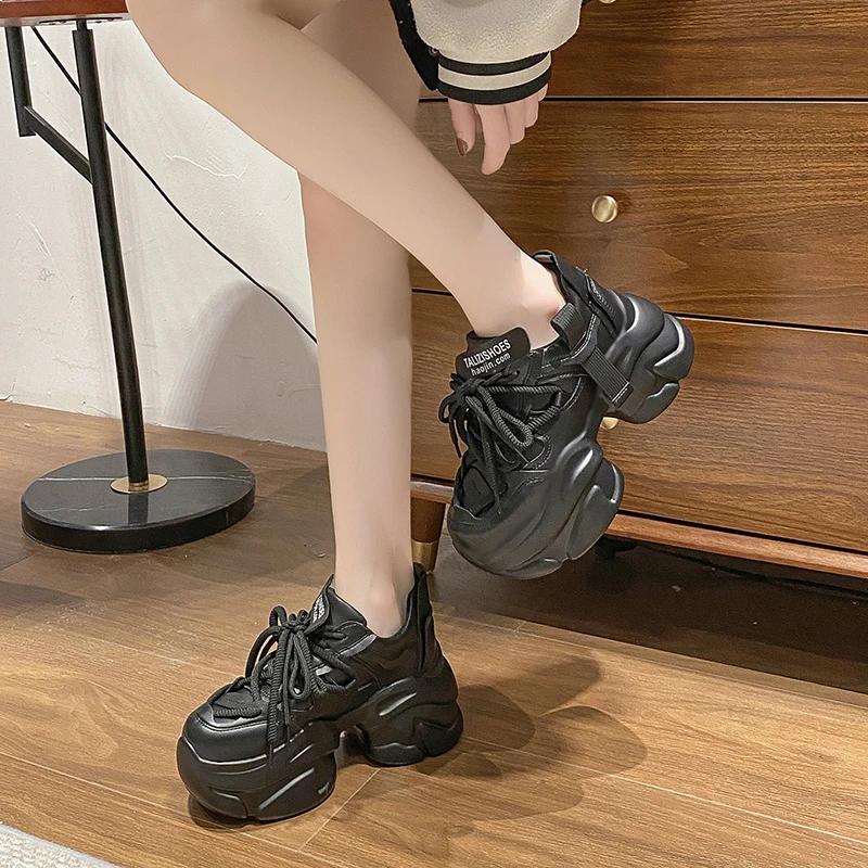Fashion Fashion Chunky Sneakers Women Autumn Lace Up Platform Sports Shoes Woman 8CM Thick Bottom High Heels Female Leather Sneakers