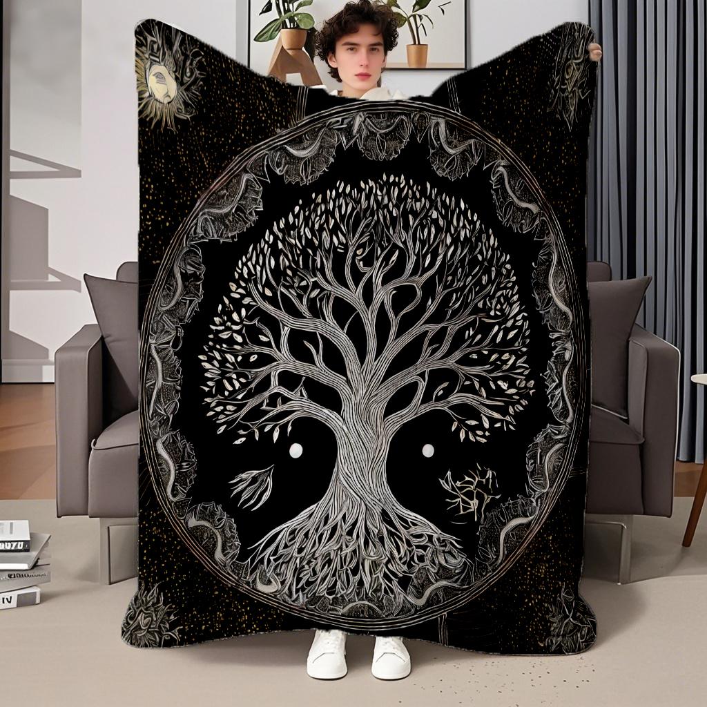 130cm×150cm Flannel Throw Blankets Boho Chic Golden Tree of Life Antique Blankets Lightweight Luxury Blanket,Couch Bed