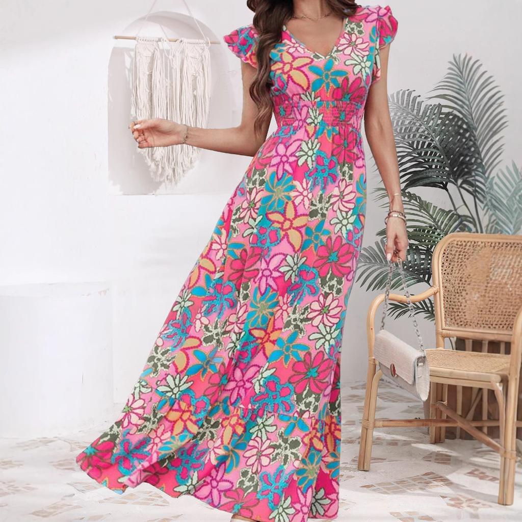 Women Sweet Floral Print Flutter Short Sleeve V Neck A Line Long Vacation Dress