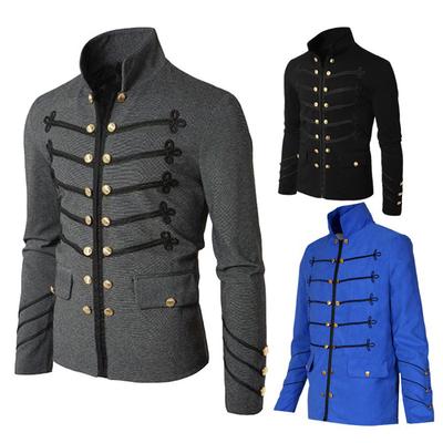 Medieval Men's Embroidered Double-breasted Coat Slim Stand Collar and Solid Color Long Sleeve Jacket