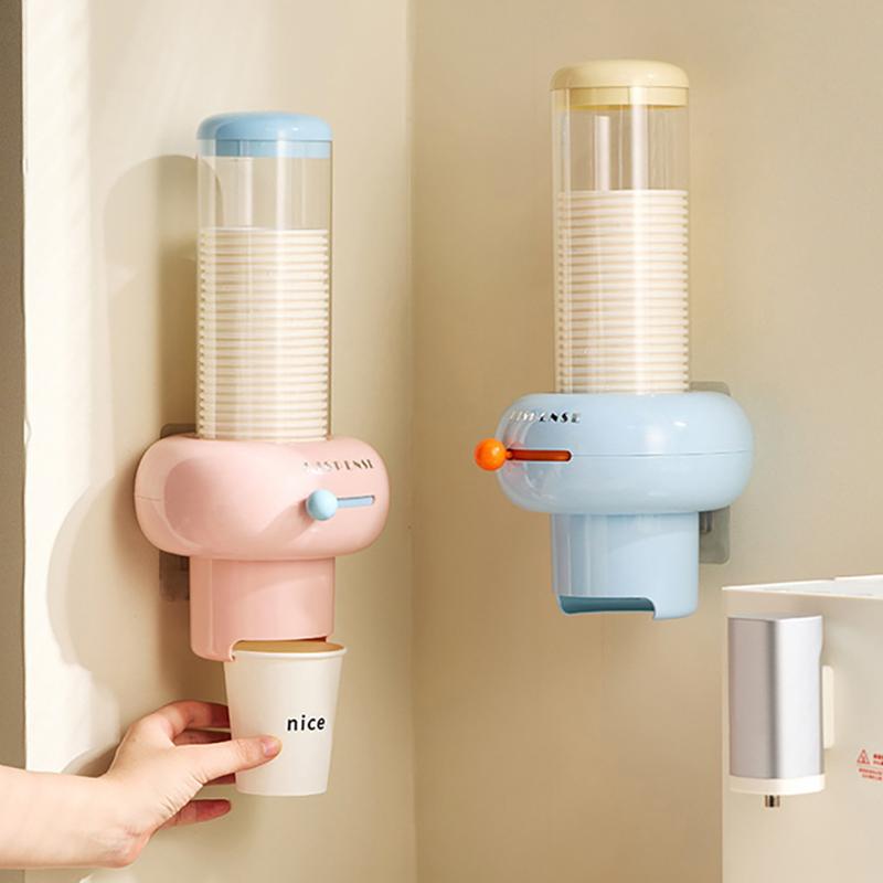 Plastic Disposable Paper Cup Holder Punch Free Wall Mounted Automatic Cup Dispenser Large Capacity Dustproof Container Home