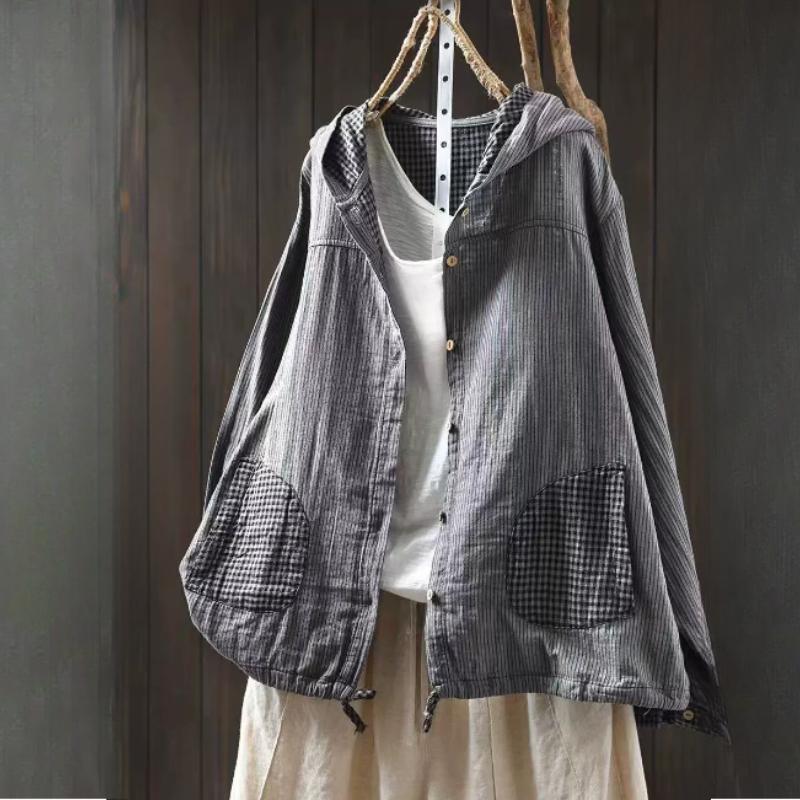 Chemise à capuche rayée en fil de coton double couche pour le printemps pour femmes, veste chemise à carreaux à manches longues