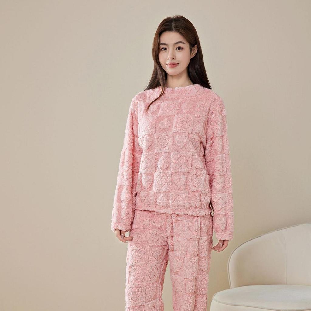 Women's Heart Print Flannel Pajama Set - Warm Winter Coral Fleece Homewear