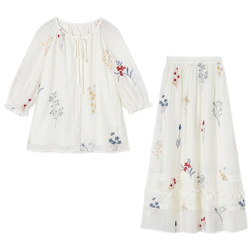 Wang Churan Style Floral Embroidered Summer Two-Piece Set M