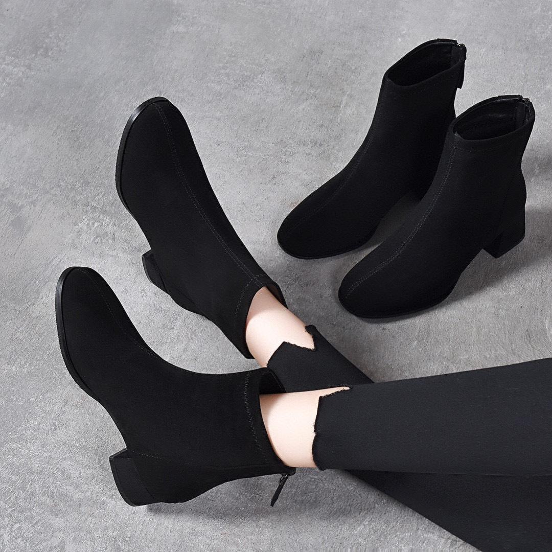 

Черные модные ботинки женские осенне-зимние новые простые темпераментные задняя молния толстый каблук высокий каблук женские тонкие ботинки 41