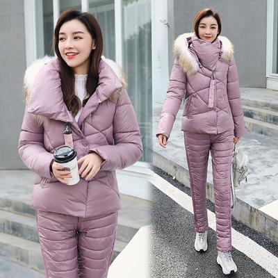 Winter Thick Women's Set Hooded Big Fur Collar Warm Jackets Slim Trousers Two Piece Cotton Lady Ski