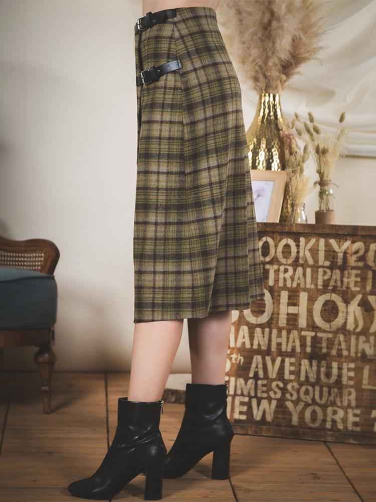 New In Check Pattern Wrap Midi Wool Skirt