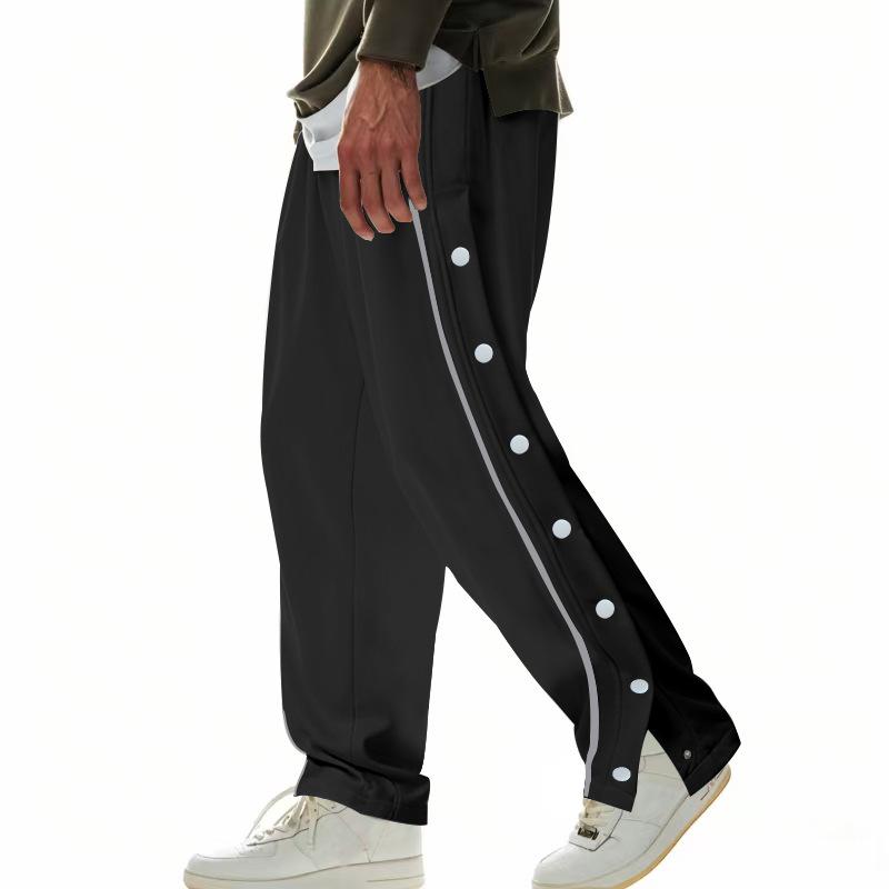 Mens Casual Side Button Striped Loose Sports Pants