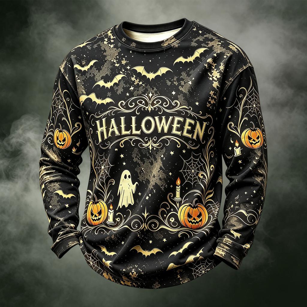 Men's Casual Knit Neck Long Sleeve Top with Halloween Print