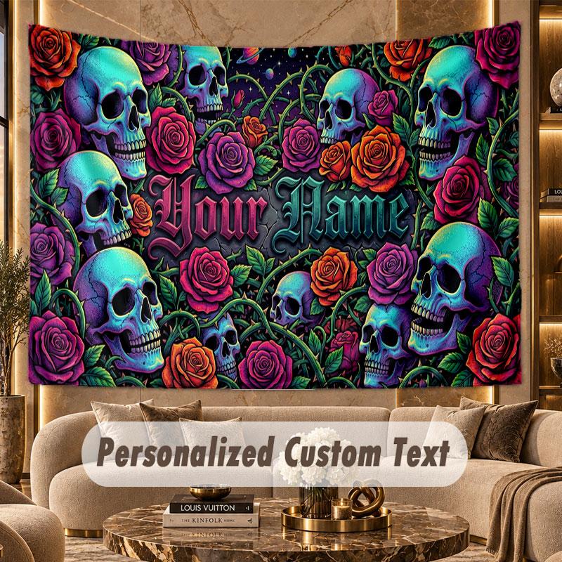 Skull Gothic (342) Theme Wall Tapestry Customized With Name Text Personalized Hanging Tapestry For Bedroom Living Room Decor
