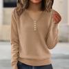Women's Fashion V-Neck Button-Front Long-Sleeved Knit Top Solid Colour Loose-Fit Blouse