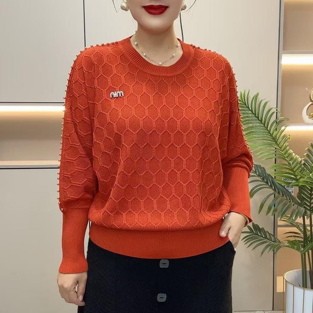 Spring Autumn Women's Plus-Size Sweater Crew Neck Loose Knit Batwing Top Solid Color Soft Knit Pullover Sweater