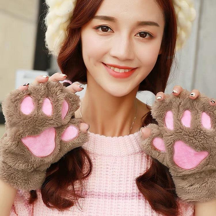 Women Cute Cat Claw Paw Plush Mittens Warm Soft Plush Short Fingerless Fluffy Bear Cat Gloves Costume Half Finger Party Gift
