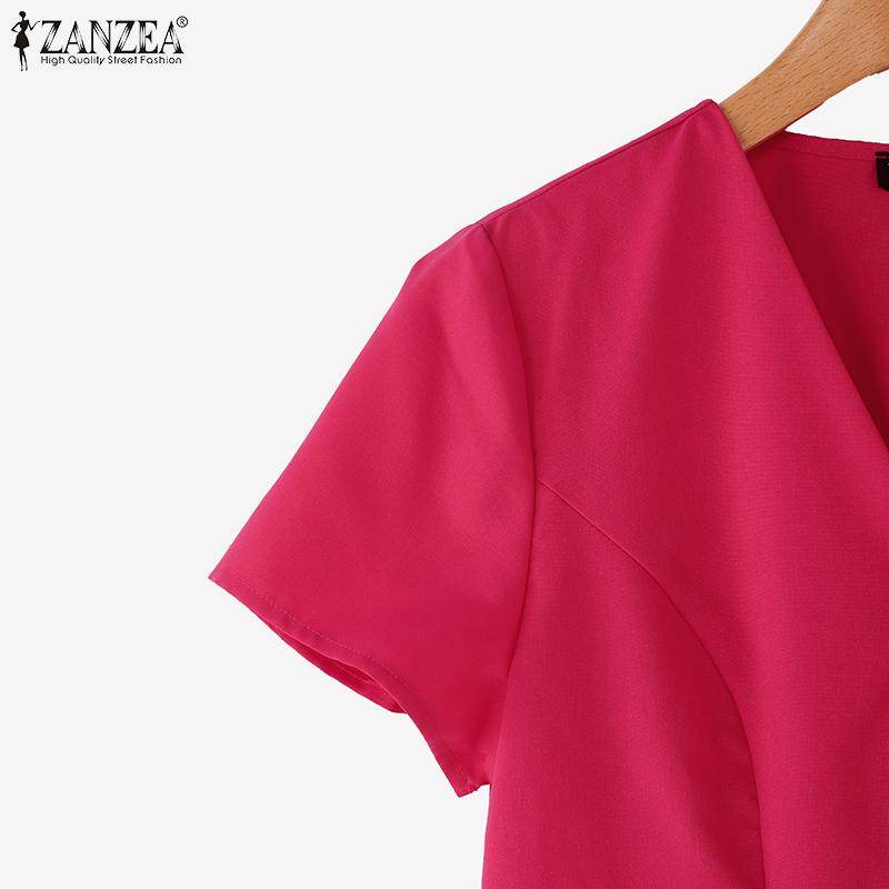 ZANZEA Blusa Estiva da Donna con Scollo a V Tinta Unita Casual Manica Corta