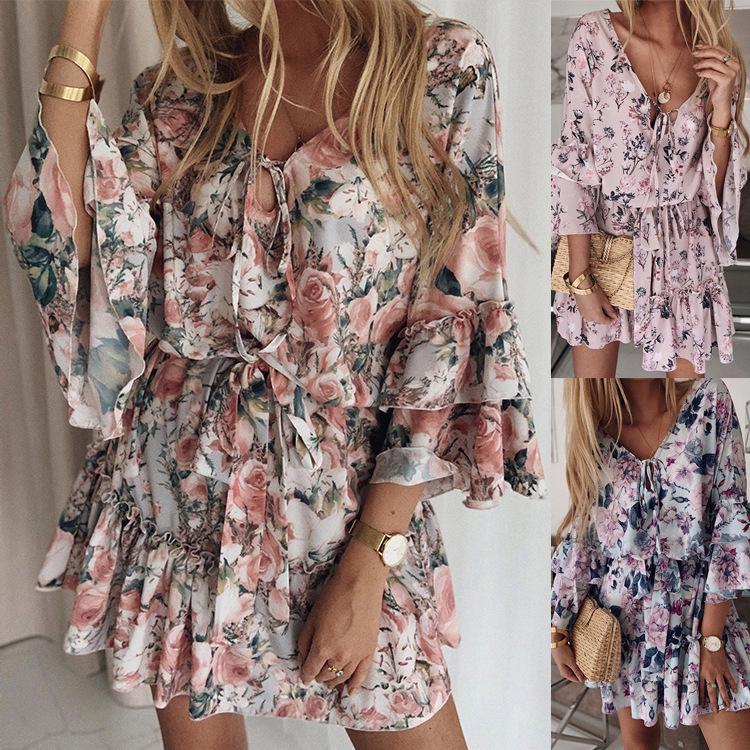 2022 Vår/Sommer Chiffon Trykk Kort Kjole - Dame Slim Fit, Middels Høyde i Livet, Pendlerstil