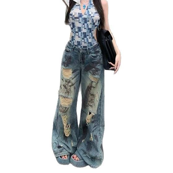 Designowe poczucie podartych dziur Szerokie jeansy damskie letnie z wysokim stanem Duże rozmiary Luźne spodnie żebraka Retro workowate długie jeansy dla pań