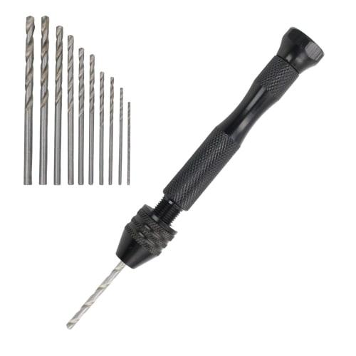 KKLM 10-Piece Pin Vise and Hand Drill Craft Tool Set for Plastic Models and Crafts, Includes Pin Vise and Hand Drill, Storage Case (Black)
