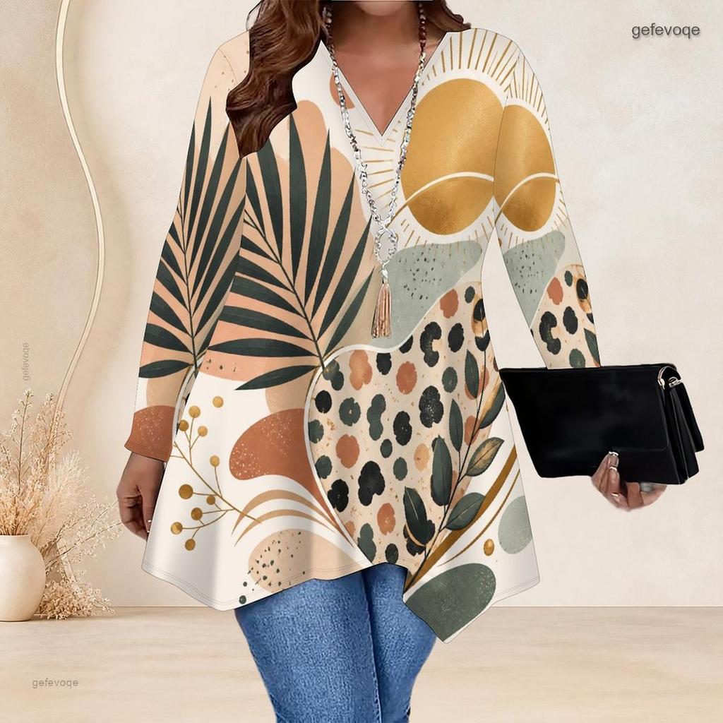 Plus Size Ladies V Neck Long Sleeve Loose Casual Blouse With Irregular Split Hem