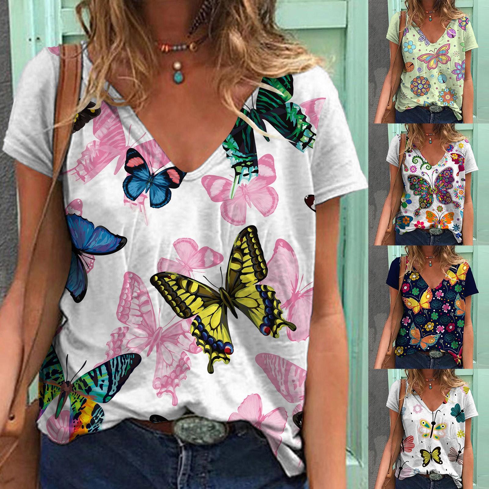 

Женская летняя повседневная крутая свободная футболка с коротким рукавом и v-образным вырезом с принтом бабочки