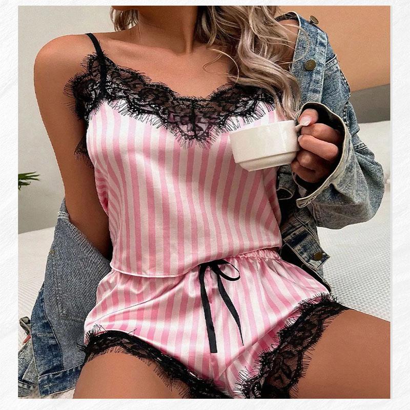 2PCS/Set Women Pyjamas Halter Vest Shorts Europe Solid Striped Ladies Lace-Up Fashion Sexy Lace Suspenders Soft Casual Homewear
