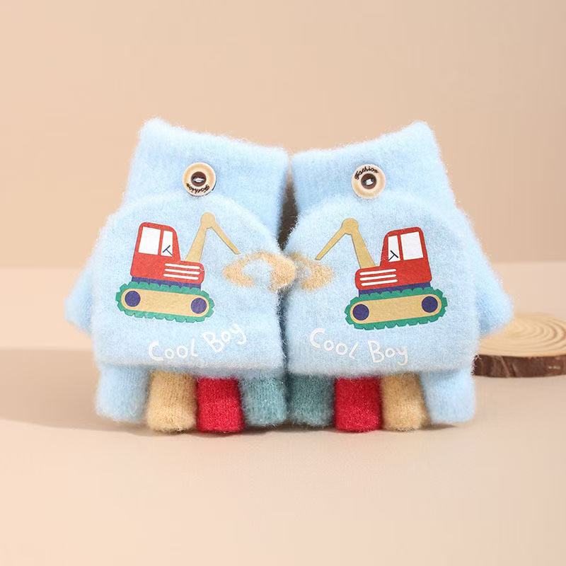 

Перчатки для детей начальной школы с рисунком экскаватора из мультфильма в корейском стиле, вязаные утолщенные перчатки-ракушки для письма, защищающие от холода, с пятью пальцами One size