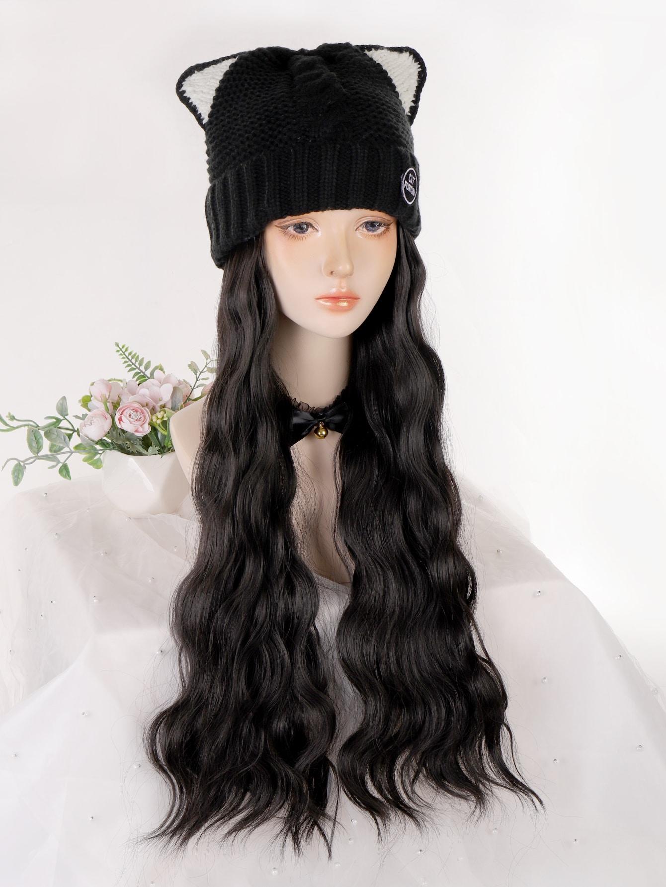 

Черная вязаная шапка с кошачьими ушками, длинные вьющиеся волосы, парик с эффектом водной ряби 20inch