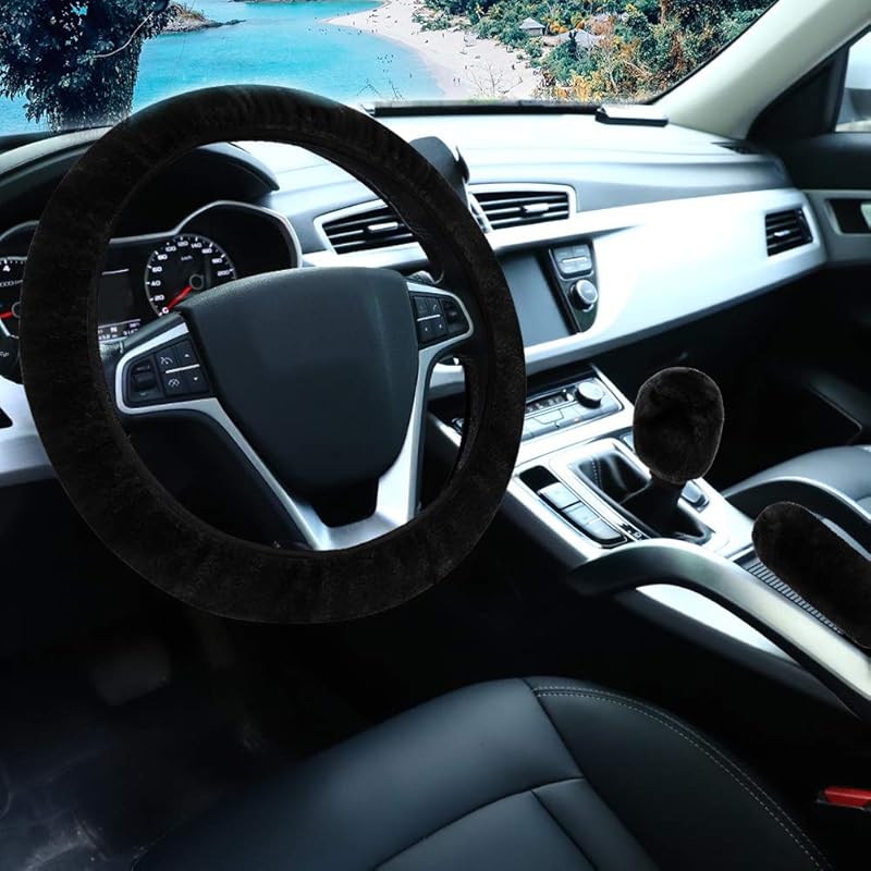 Accmor Fuzzy Car Steering Wheel Cover, Universal Fit Fur Auto Wheel Cover & Handbrake Cover & Gear Shift Cover Set, Leopard Warm Fluffy Vehicle Wheel short hair чёрный