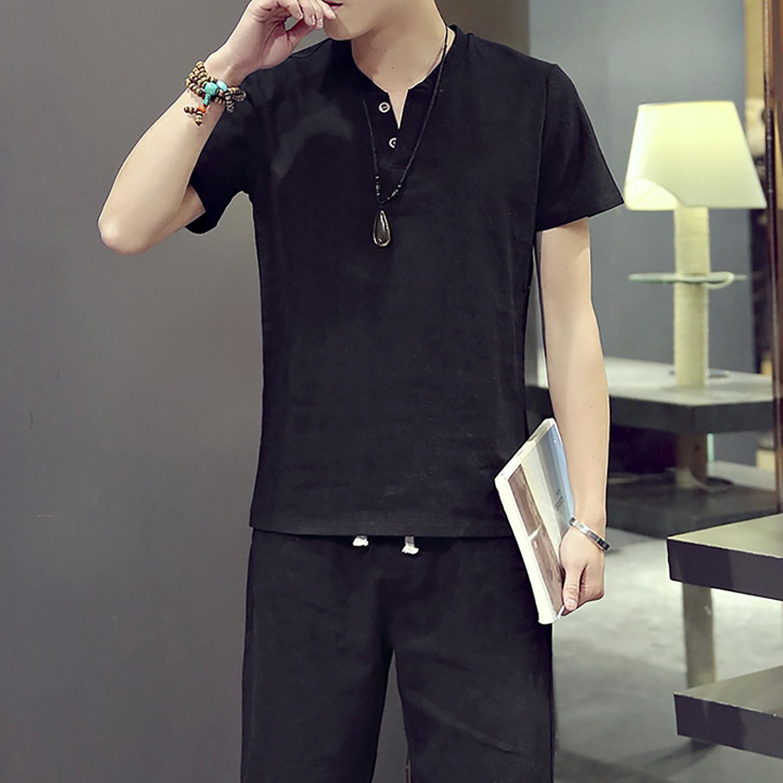 

Мужской комплект из хлопка и льна, однотонная футболка с короткими рукавами, повседневный комплект большого размера XXL чёрный