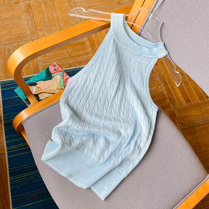 Damen Ärmelloses Neckholder Tanktop aus Weicher Maulbeerseide - Slim Fit Französischer Zopfstrick