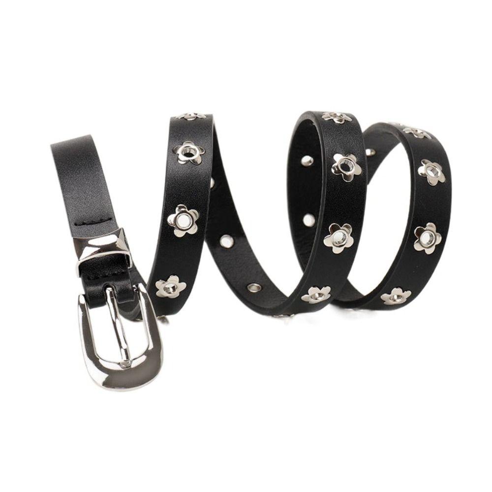 Punk Flower Rivet Belt Korean Style Thin Waist Strap Casual PU Leather Waistband  Girl