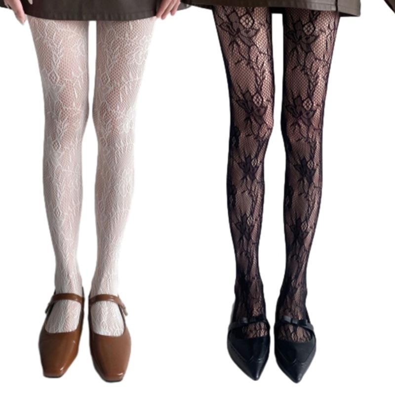 Womens Japanese JK Vintage Flower Jacquard Fishnet Tights Stockings Sexy Hollowed Out Lace Sheer Pantyhose Leggings