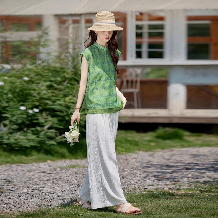 Light suit women's summer design sense retro printed top slim meat-covering wide-leg pants two-piece set