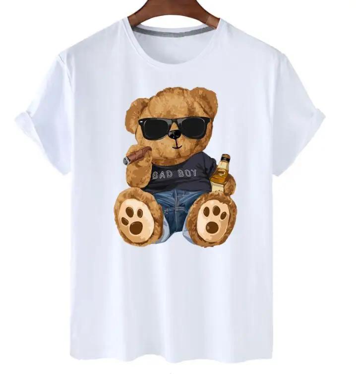 plus Size Trendy Teddy Bear Graphic Tee Casual Short-Sleeved T-Shirt Polyester Fabric Summer Top for Men