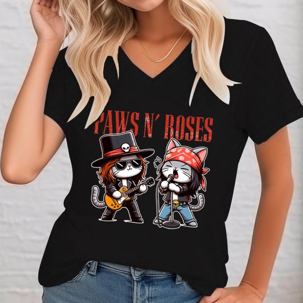 Paws Funny Cat Rock Star Trendy Cat Graphic T-shirt Women Fun Guitar Music Lover Classic Tops Gift for Rock Music Cat Lover Tops S