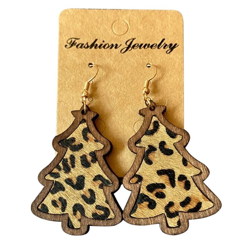 

Wood Christmas Tree Dangle Earrings Women Leopard Grow Print Genuine Leather Christmas Earring New Year Ear Jewelry Gift