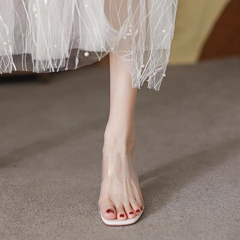 

Обувь Прозрачные тапочки Тонкий каблук Женские Роскошные шлепанцы На каблуке Мюли Желейные шлепанцы Средний 2025 Дизайнер Высокий Блеск 35