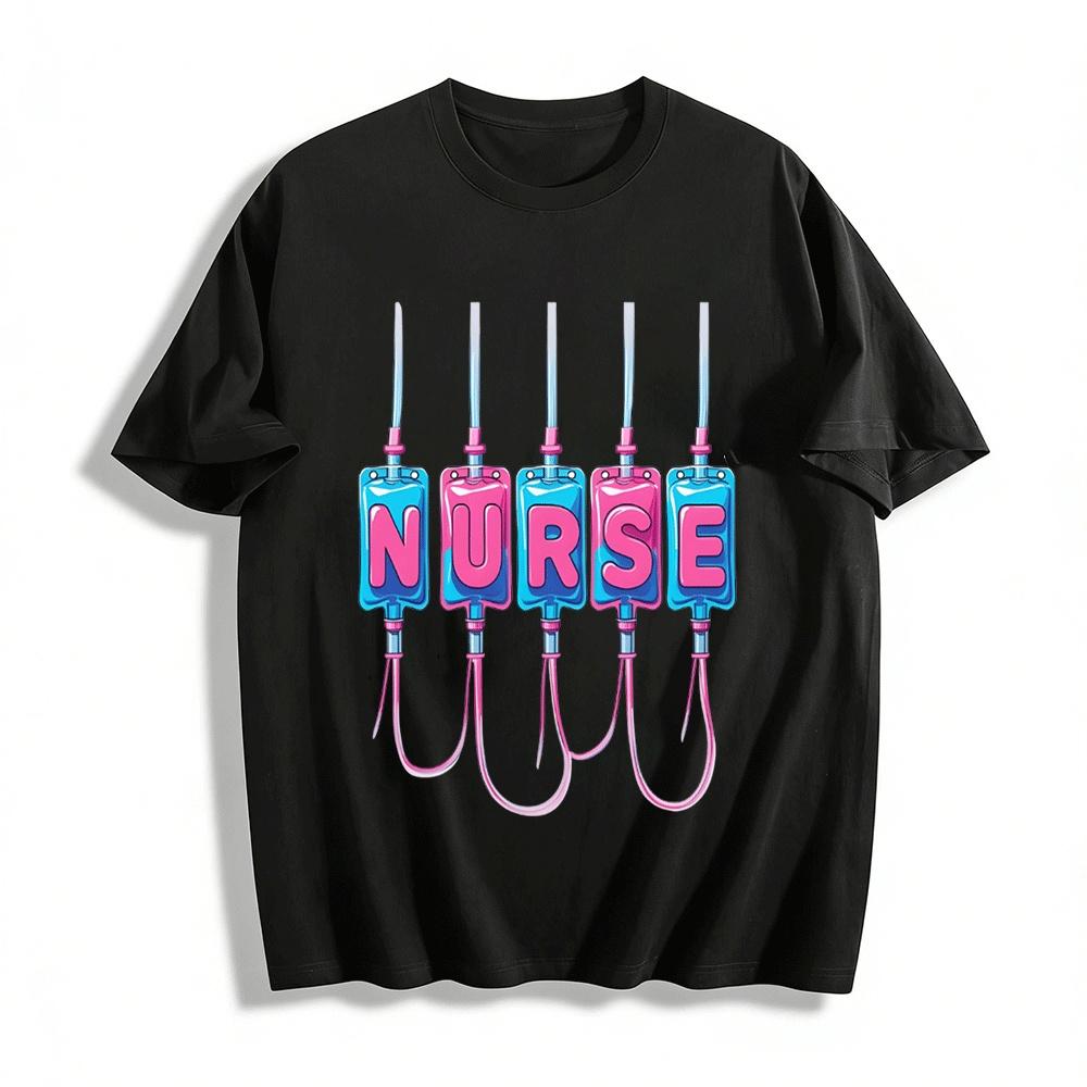 Funny IV Bag Nurse Themed Print Casual T-Shirt Pure cotton T-shirt XXS