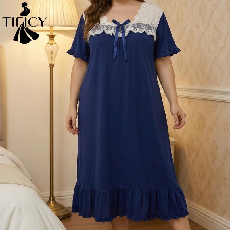 TIFICY Women's Fashion Summer Spring Lace Print Short Sleeve V‑Neck Loose Casual Nightgown