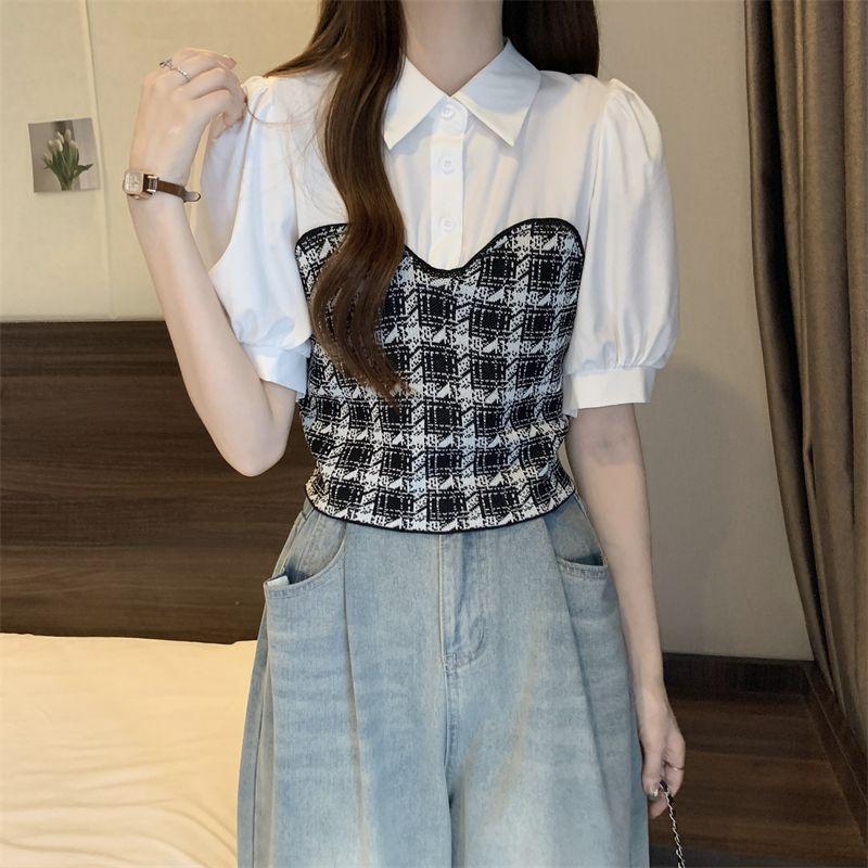 

Летний дизайн Sense Niche Fake из двух частей, сшитый поло с воротником French Bubble и короткими рукавами, женская трикотажная рубашка Temperament L